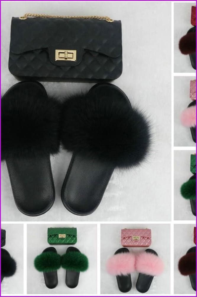 Black Furry Slides with Matching Color Chain Strap Purse F737 - Furdela