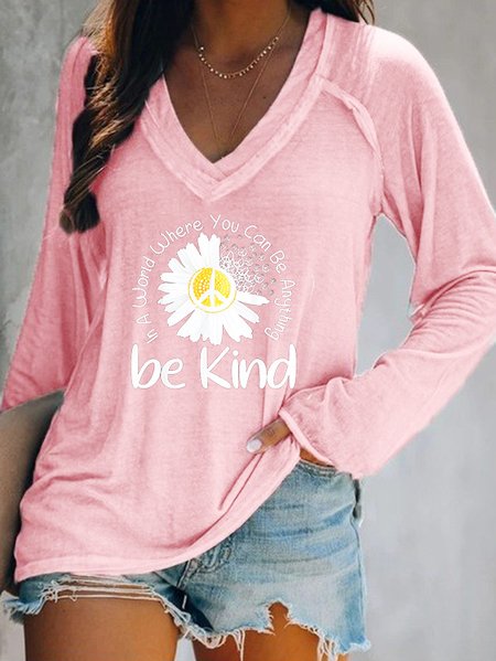 Casual V neck Long Sleeve Printed T-shirt QH102