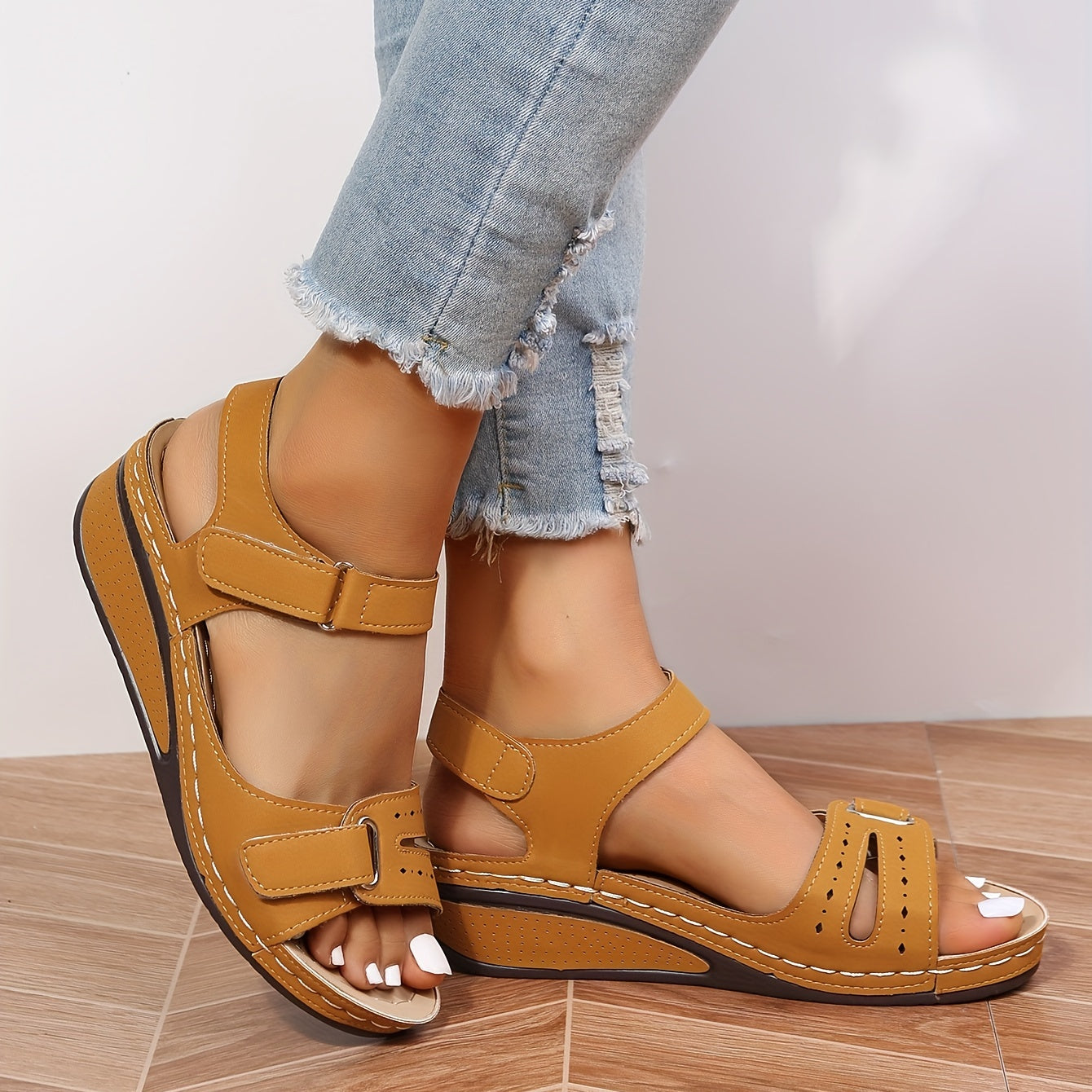 Women's Solid Wedge Sandals, Hokk & Loop Straps Open Toe Anti-skid Shoes, Arch Support Sandals SE1036