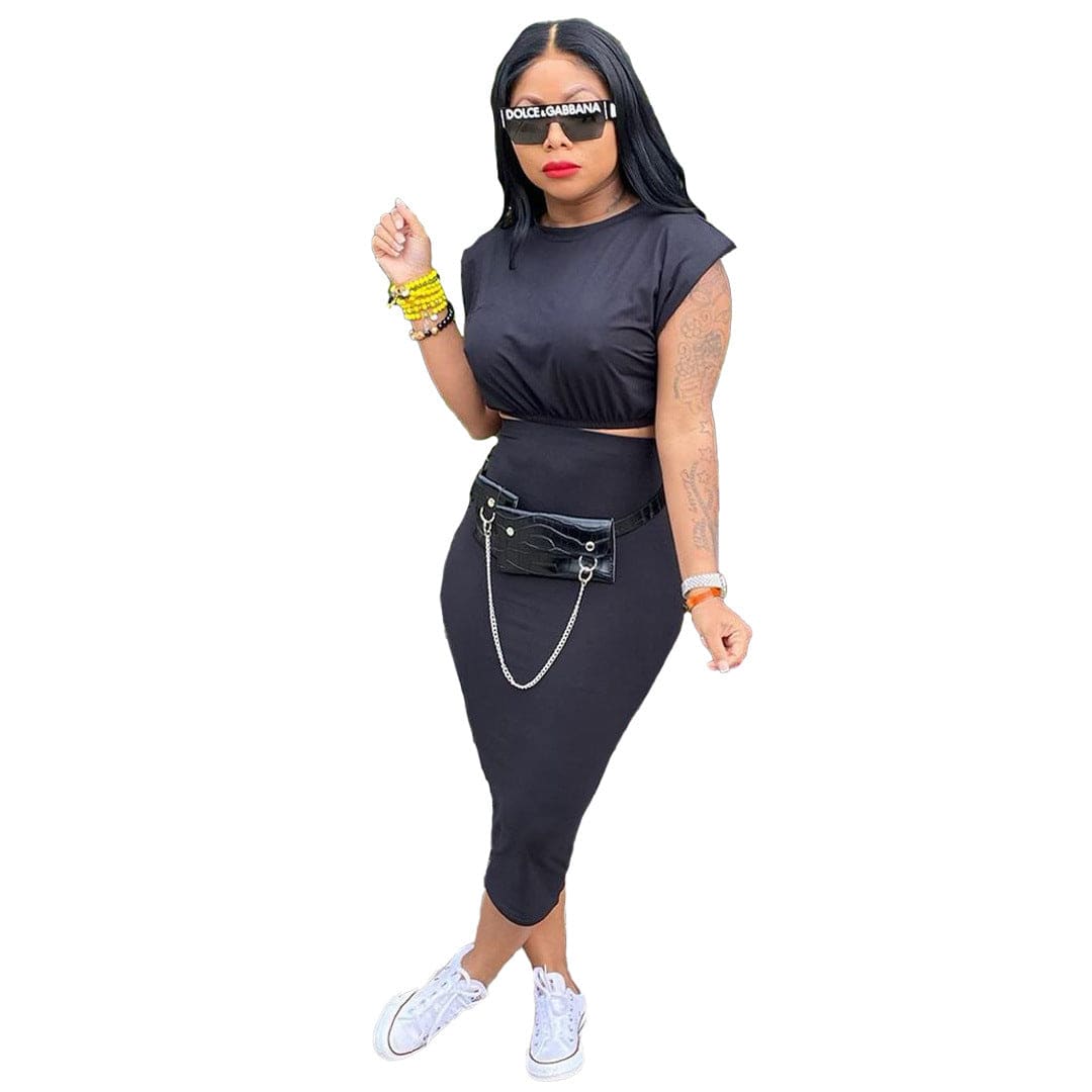 Casual Sleeveless Shoulder Pad T-shirt Tight Skirt 2 Piece Set F2941 - Furdela Wholesale