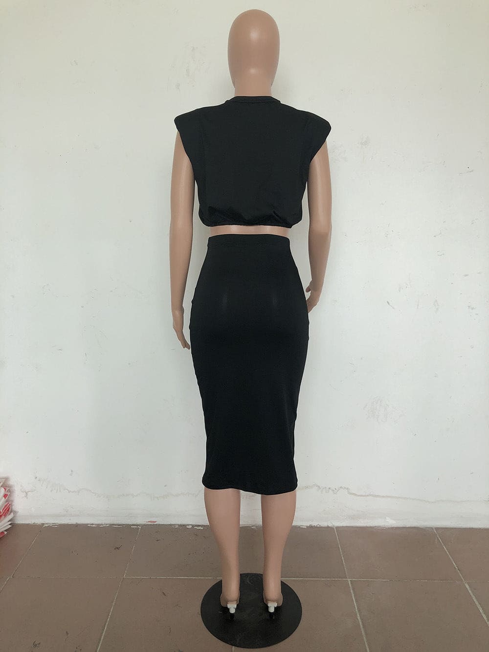Casual Sleeveless Shoulder Pad T-shirt Tight Skirt 2 Piece Set F2941 - Furdela Wholesale
