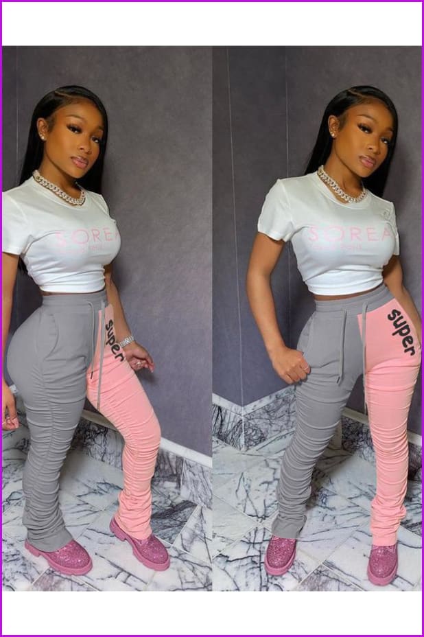 Contrast Color Letter Embroidery Ruched Casual Stacked Sweatpants F880 - Furdela