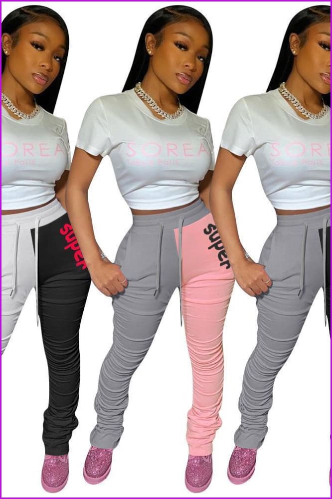 Contrast Color Letter Embroidery Ruched Casual Stacked Sweatpants F880 - Furdela