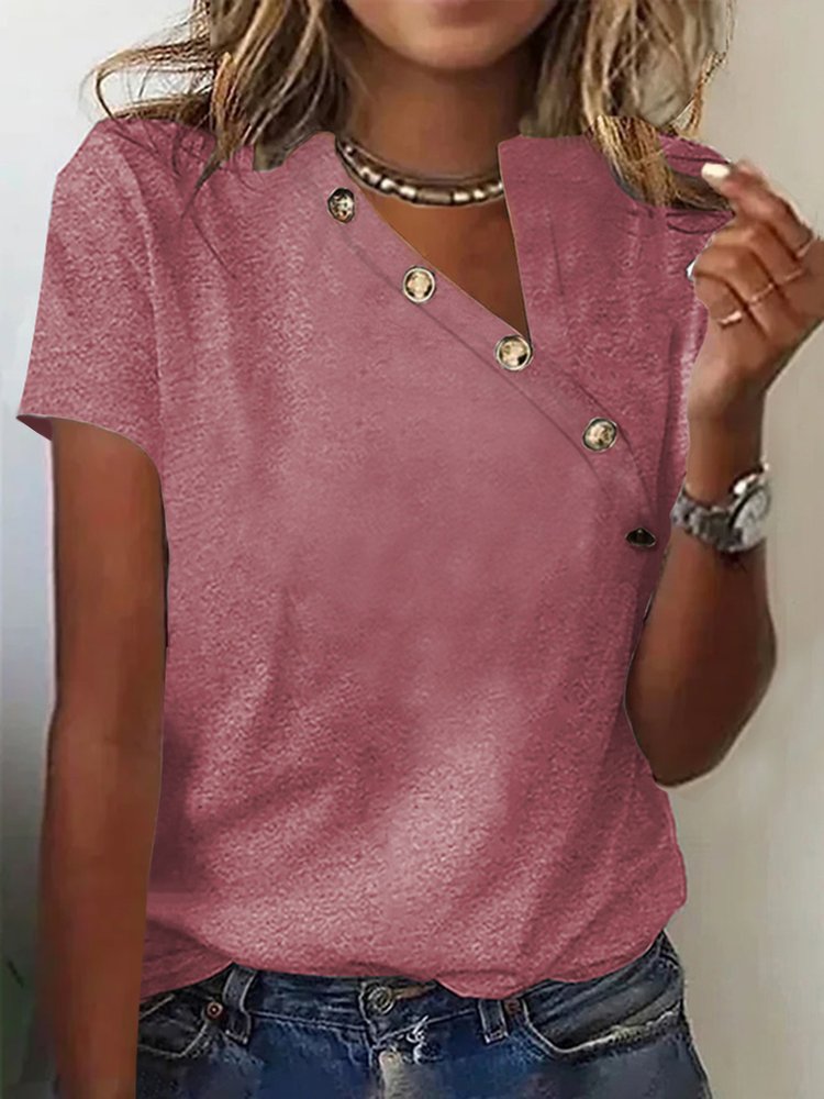 Asymmetrical Collar Buttoned Casual T-Shirt cc148