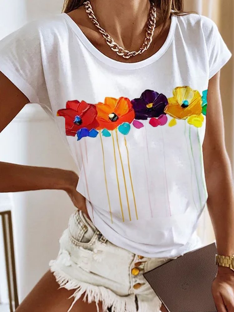 Floral Crew Neck Casual Jersey T-Shirt QX69