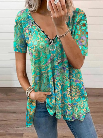 Women's Floral Printed Short Sleeve V Neck Cotton Blend Green Tunic T-Shirt QAD38