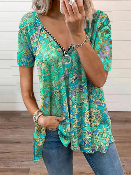 Women's Floral Printed Short Sleeve V Neck Cotton Blend Green Tunic T-Shirt QAD38