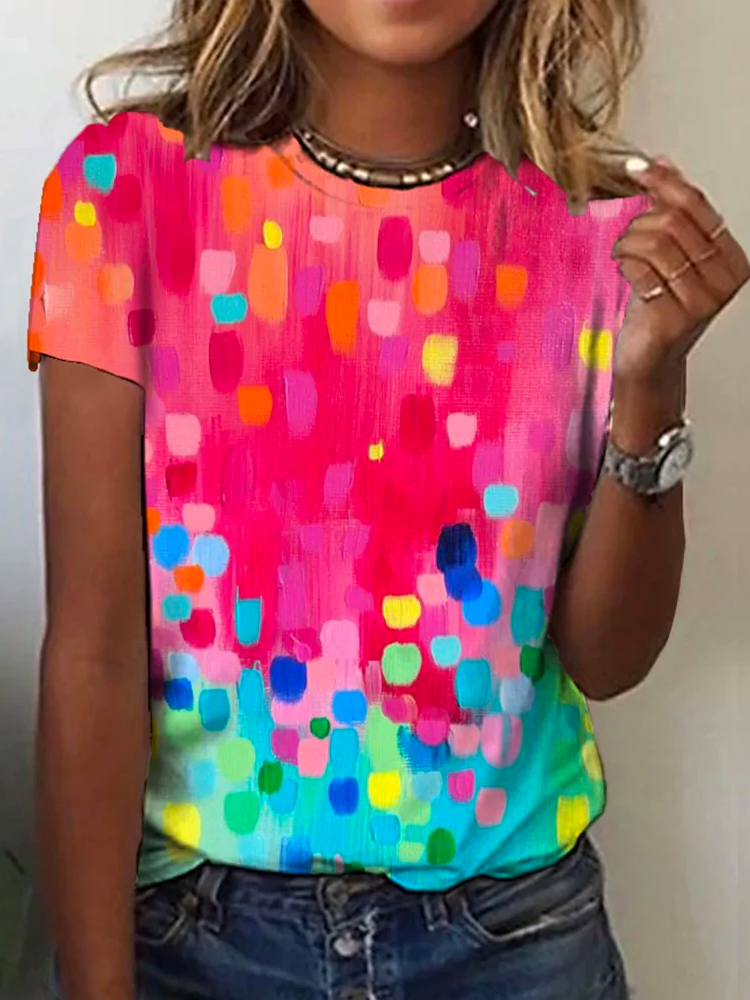Crew Neck Casual Ombre Loose Rainbow Dot Short Sleeve T-Shirt cc193