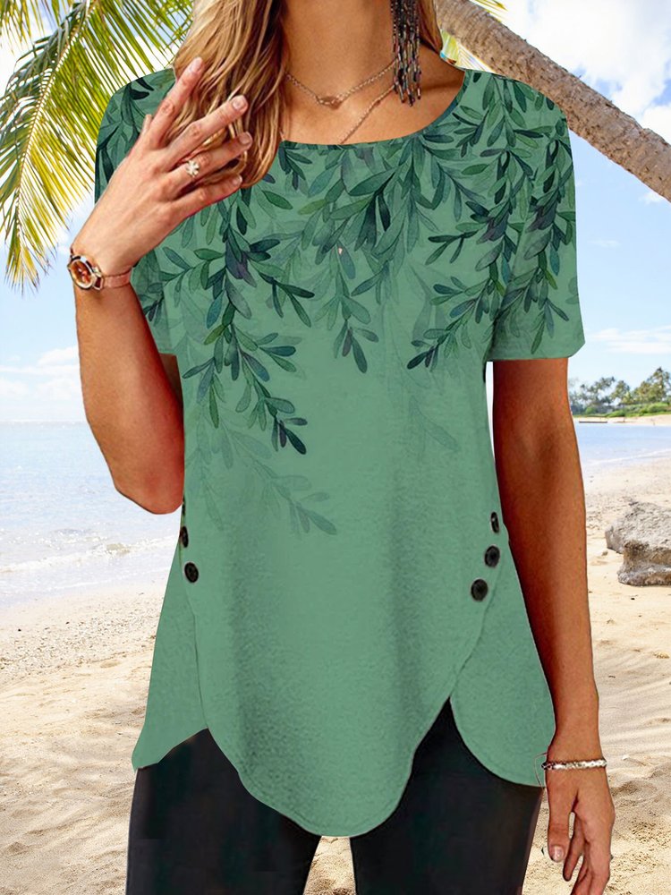 JFN Women Round Neck Short Sleeve Leaf Print Buttoned Holiday Tunic T-Shirt cc181