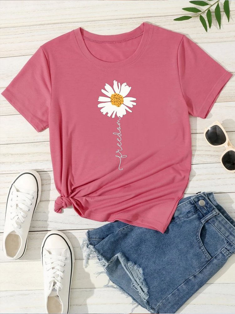 Crew Neck Floral Vacation Loose Floral & Letter Graphic T-Shirt cc180