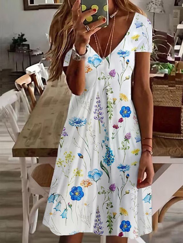 V Neck Casual Floral Cotton Dress QM66