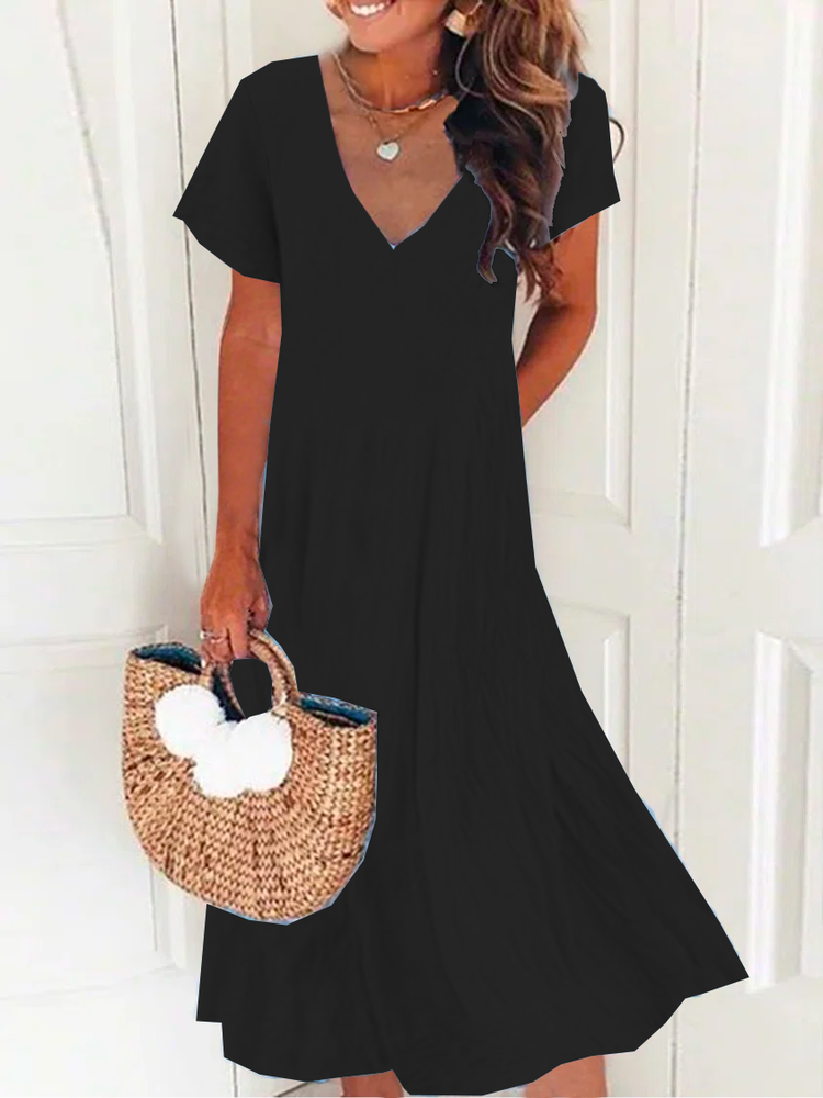 New Women Chic Plus Size Vintage Boho Hippie Short Sleeve V Neck Plain Casual Weaving Dress QA59
