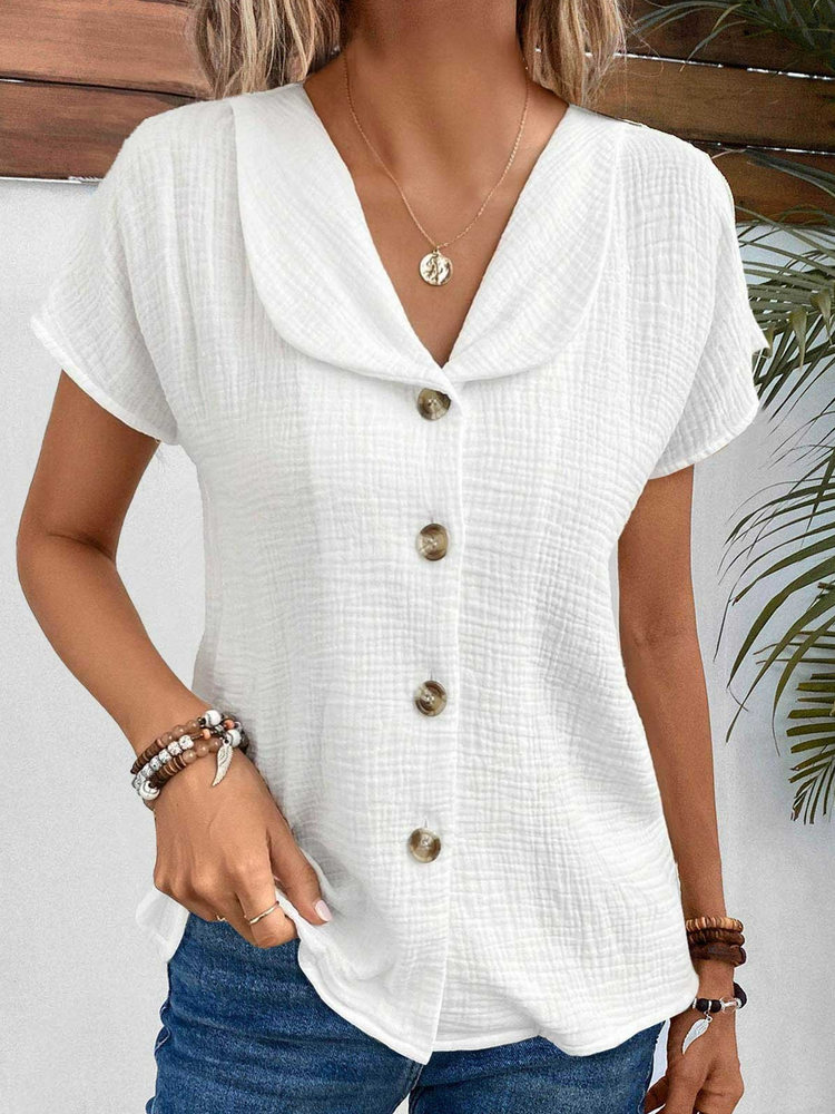 Loose Cotton Lapel Collar Casual Blouse QZ113