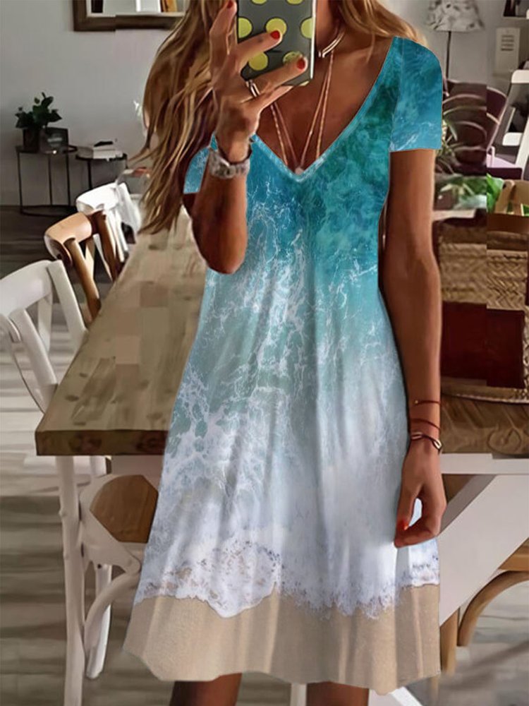 Casual Painted V Neck Short Sleeve Dress QA43