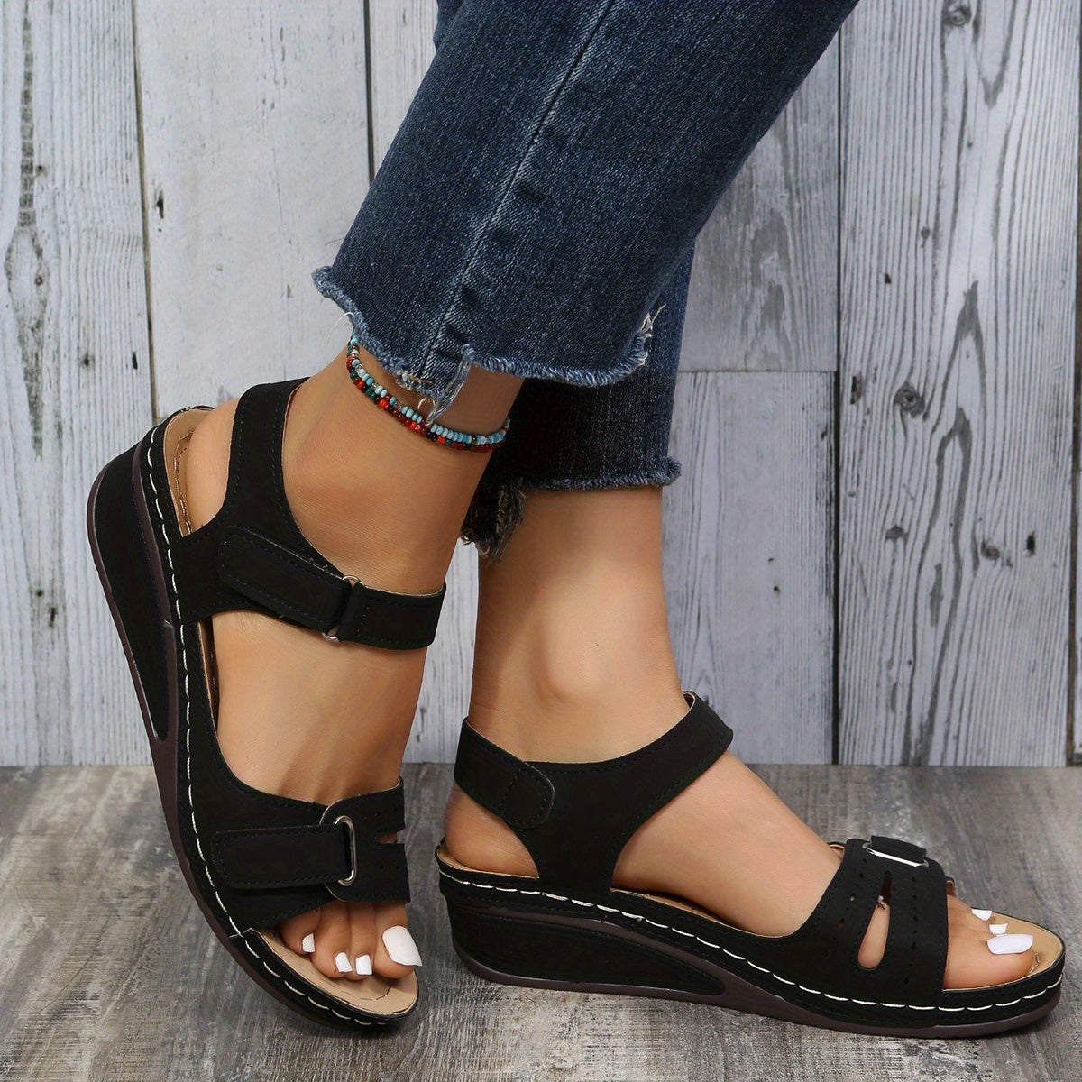 Women's Solid Wedge Sandals, Hokk & Loop Straps Open Toe Anti-skid Shoes, Arch Support Sandals SE1036