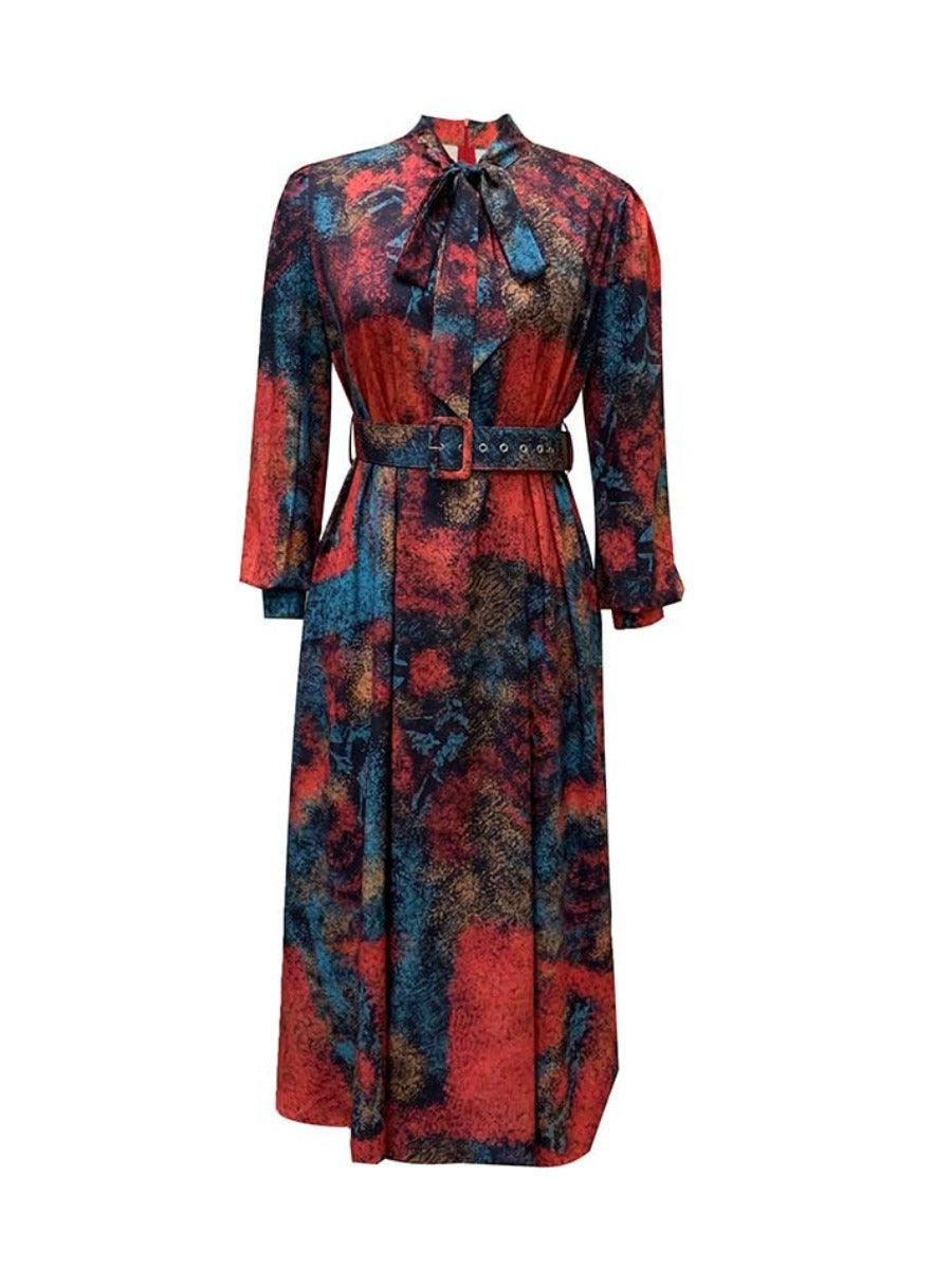 Plus Size Tie Neck Mixd Print Belt Design A Line Dress AC2042