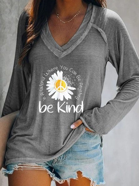 Casual V neck Long Sleeve Printed T-shirt QH102