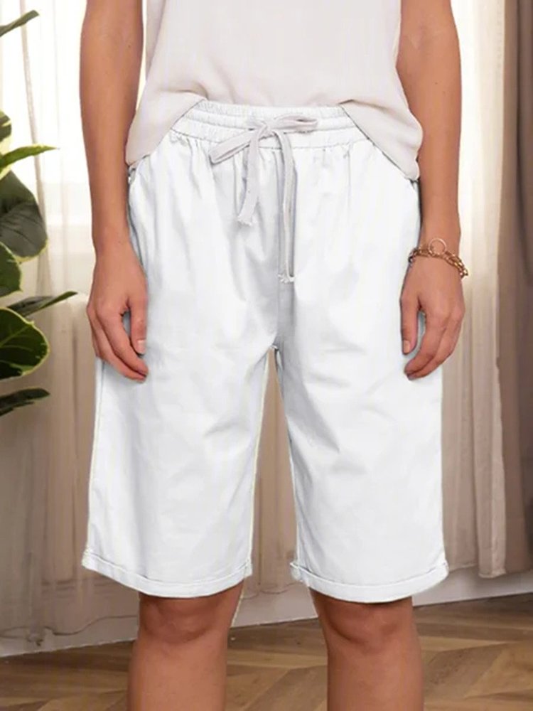 JFN Elastic Waist Solid Causal Pockets Shorts QK96