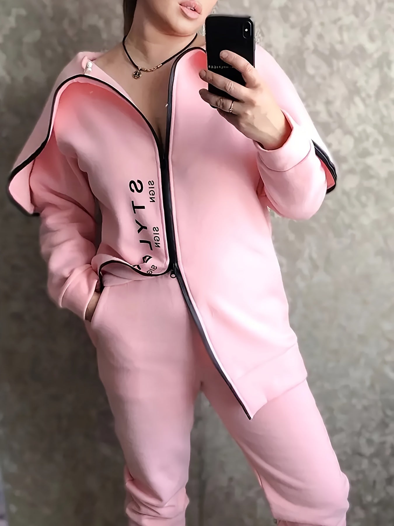 Zipper Back Drop Shoulder Hoodie & Elastic Waist Casual Pants Outfits FY8741 Furdela