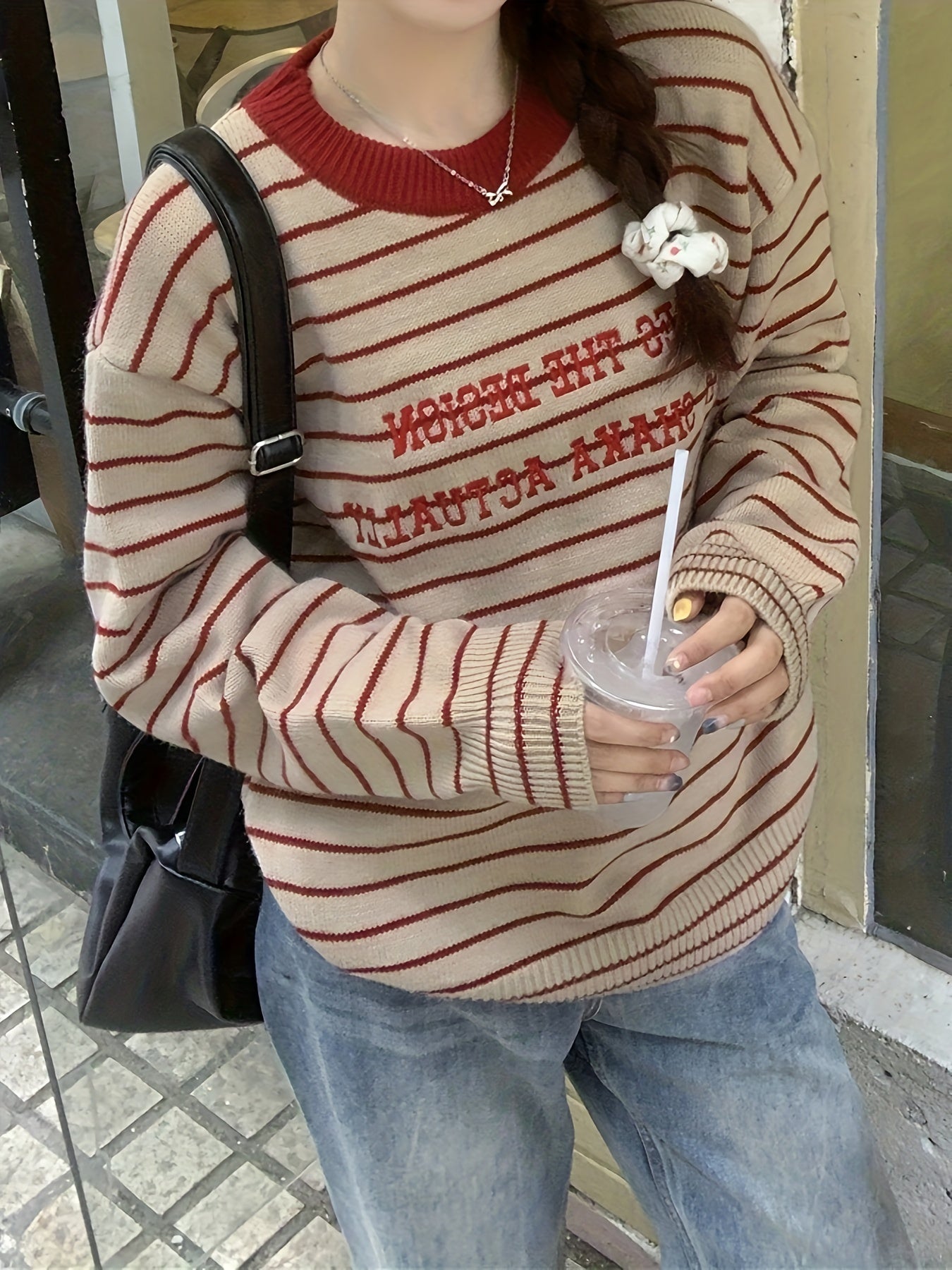 Letter Pattern Striped Pullover Sweater KR9143 Furdela