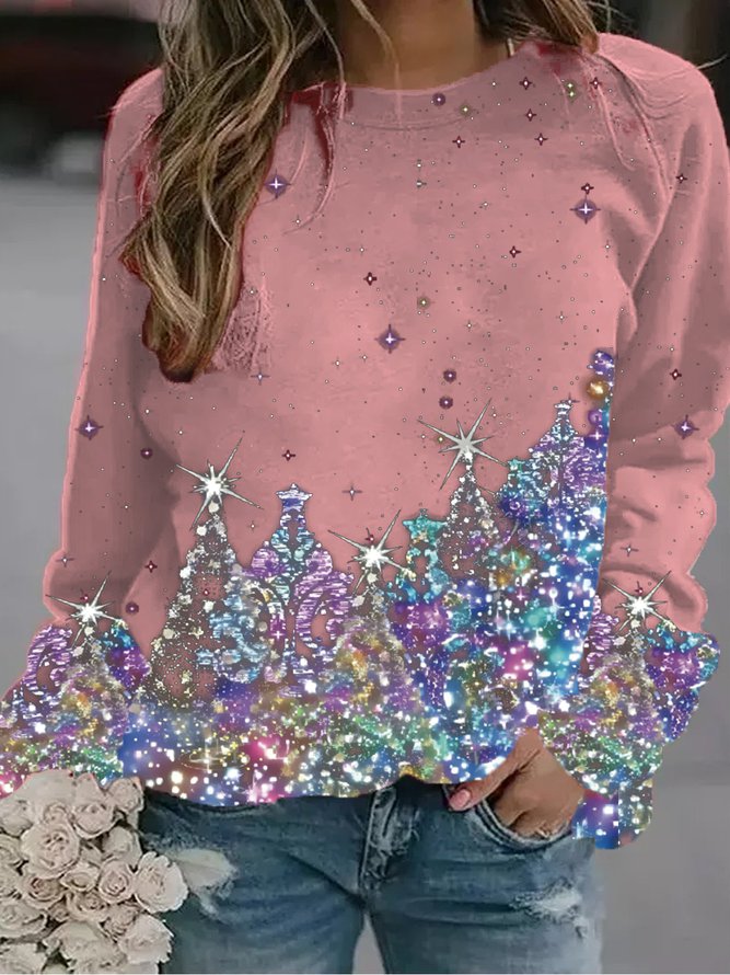 Women's Black Sweatshirt Colorful Christmas Tree Printed PJ18