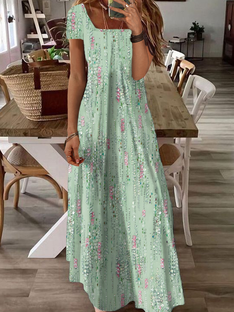 Square Neck Casual Abstract Printed Dress WE106