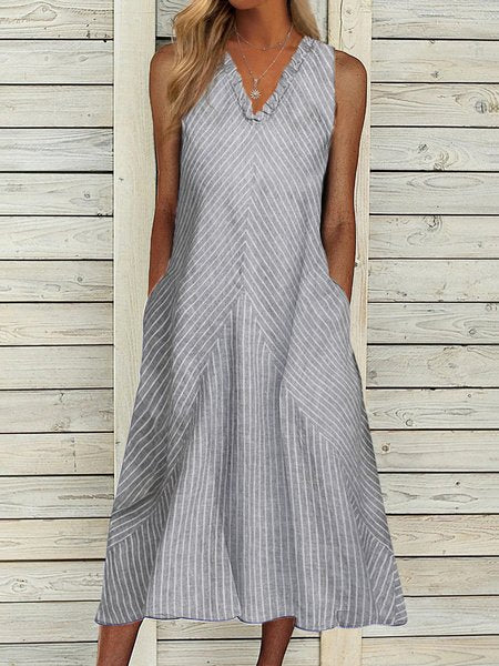 Casual Regular Fit Striped V Neck Short Sleeve women Dress WE96