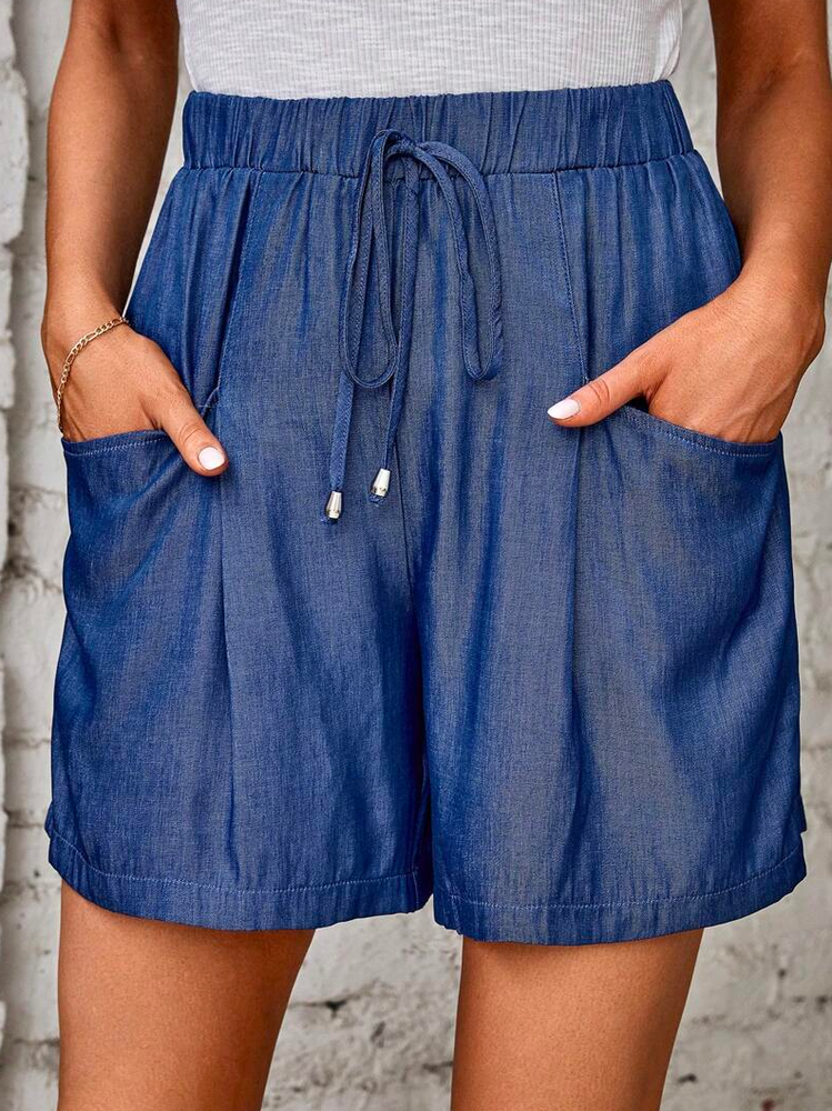 Denim Blue Casual Plain Loose Dual Pocket Knot Front Shorts WX102