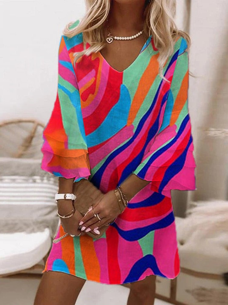 Casual Loose V Neck Color Block Dress QPQ81