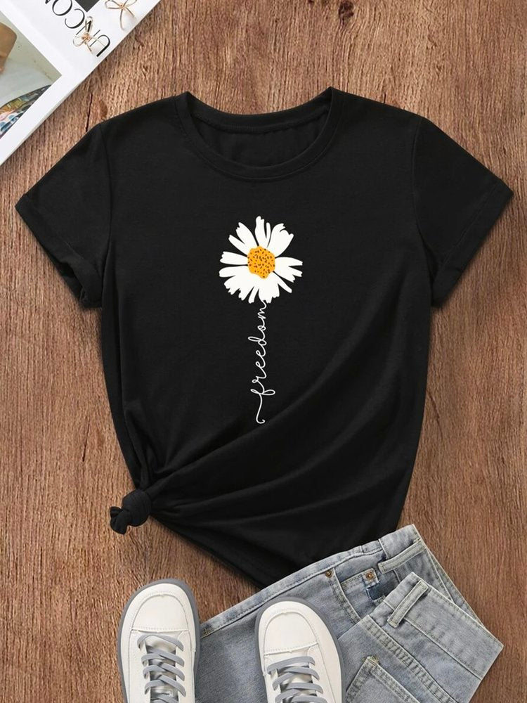 Crew Neck Floral Vacation Loose Floral & Letter Graphic T-Shirt cc180