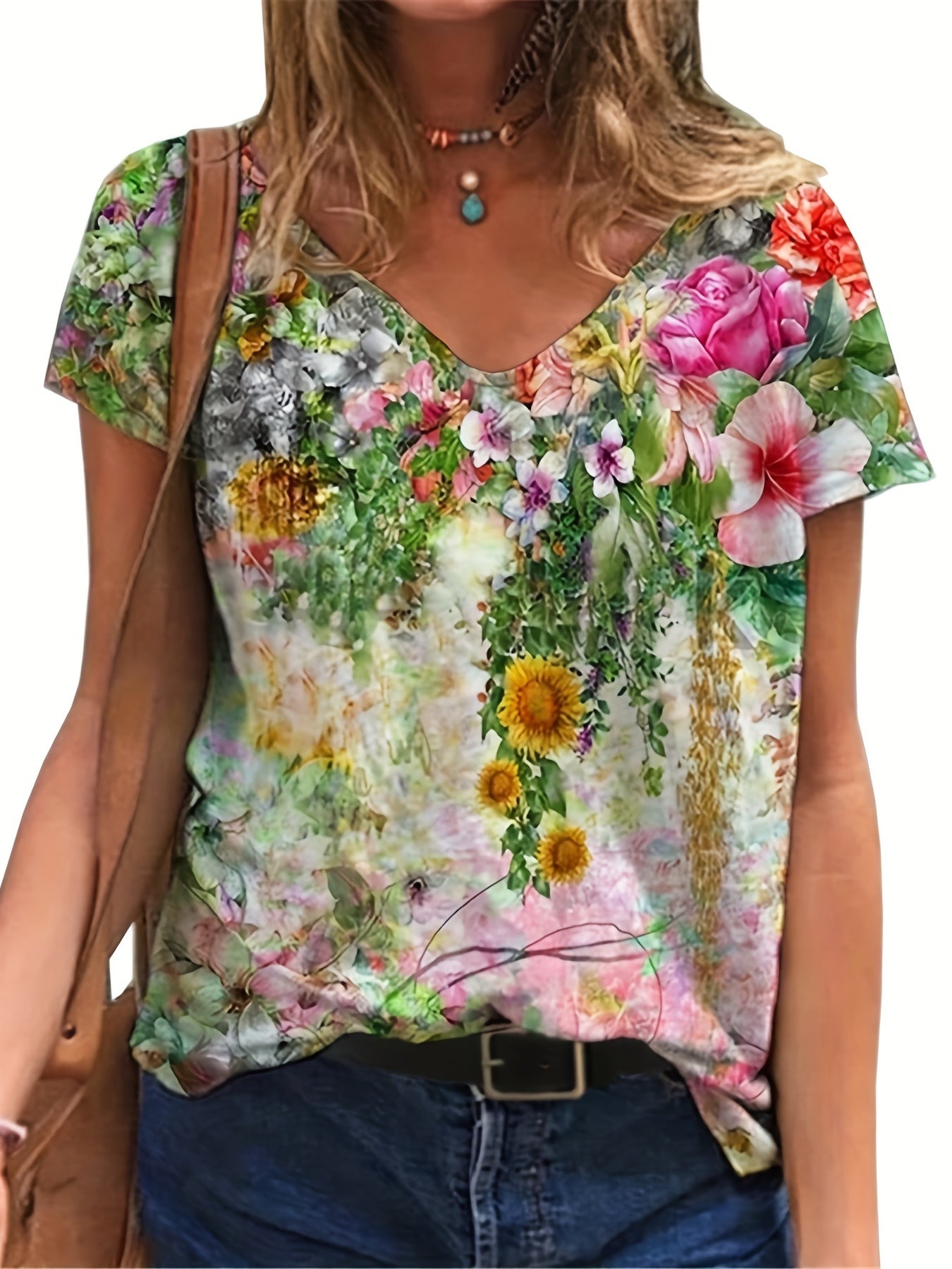 Floral Print V Neck T-Shirt, Casual Short Sleeve T-Shirt For Spring & Summer, Women's Clothing RA109