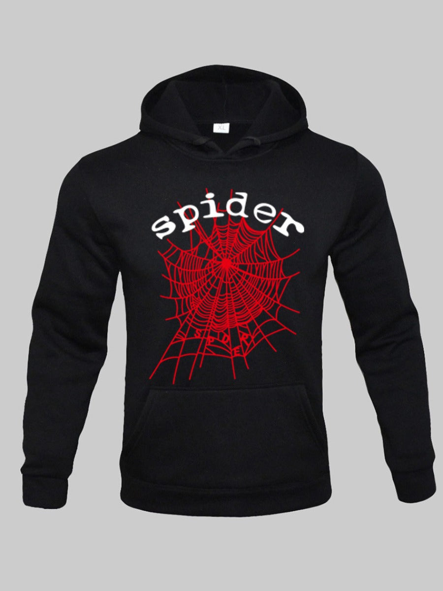 Men Spider Web Letter Print Kangaroo Pocket Hoodie AT9061