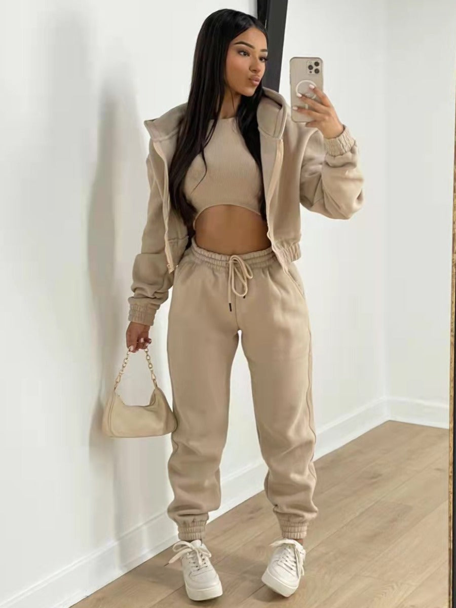 Hooded Collar Zip Up Solid Three-piece Tracksuit Set AR5097