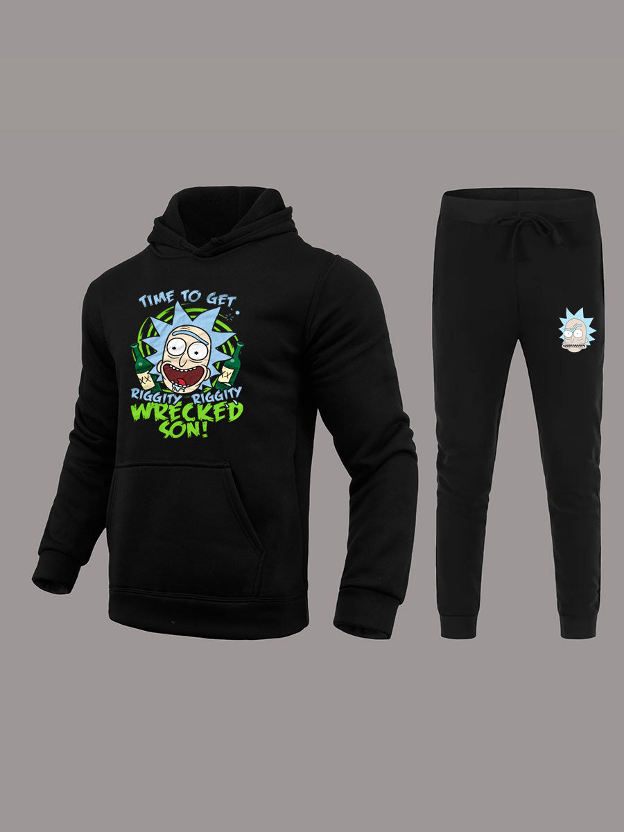 Men Cartoon Letter Print Kangaroo Pocket Tracksuit Set AT9054