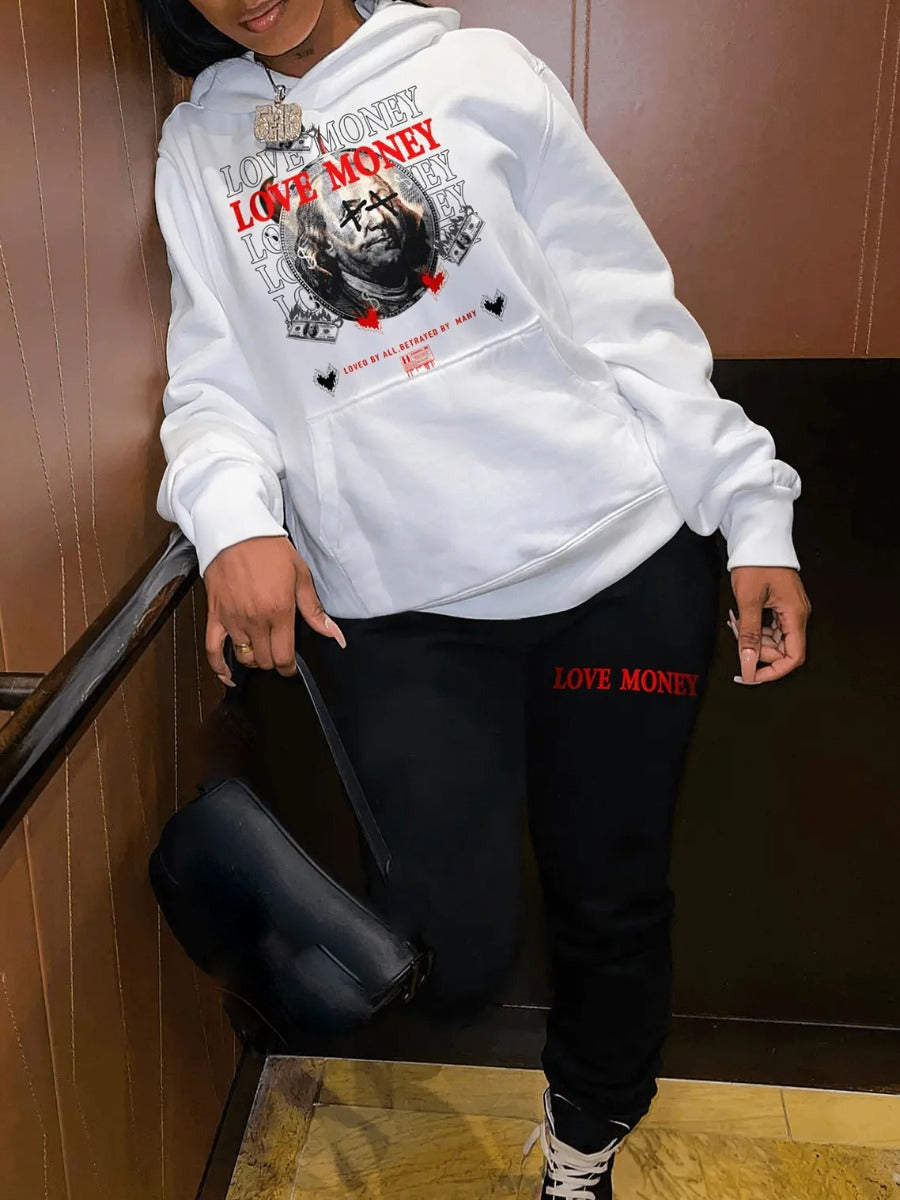 Plus Size Figure Letter Print Kangaroo Pocket Tracksuit Set AT8055