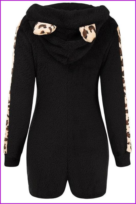 Leopard Print Long Sleeve Tight Hooded Jumpsuit F2601 - Furdela