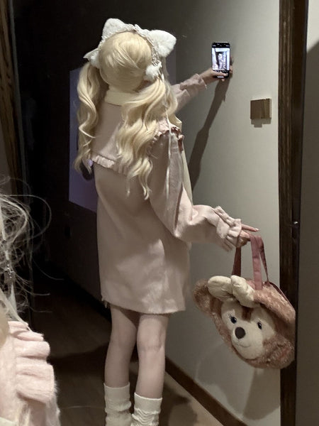 Sweet Bow Ruffled Coat Winter Scarf and Heart-Shaped + with Lolita Pockets White Pink Collar FashionChic