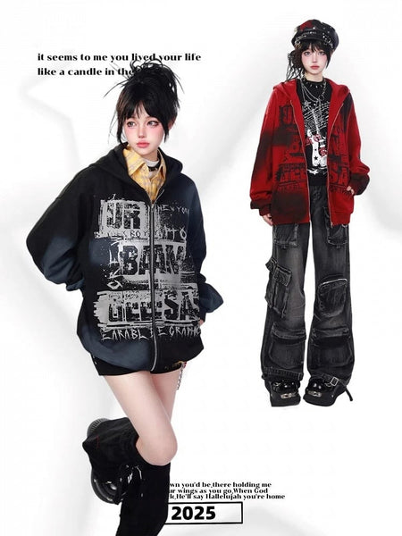 Dye Y2K Hoodie Letter Red/Black with Tie Print Design Jacket FashionChic