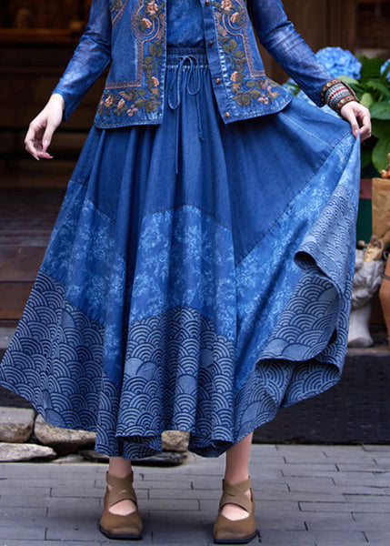 Casual Denim Blue Print Tie Waist Maxi Skirt Summer NN016 shopify