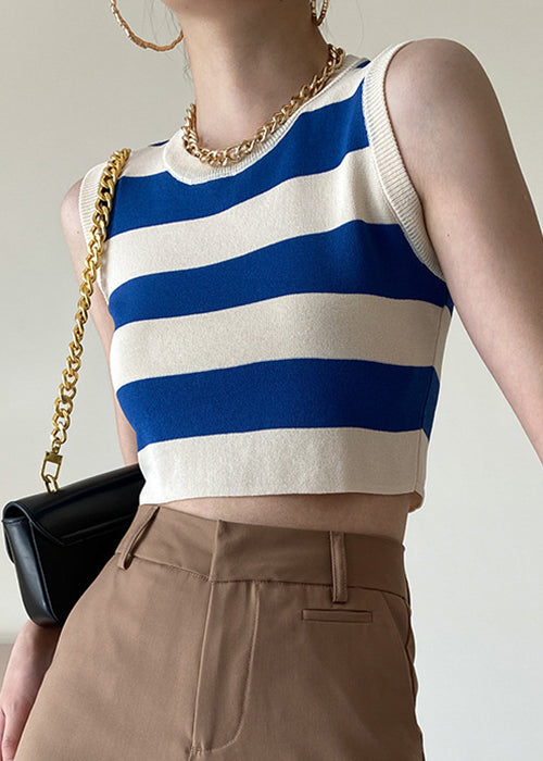 Stylish Blue O Neck Striped Knit Tank Sleeveless AF1049 HS-VTP240914