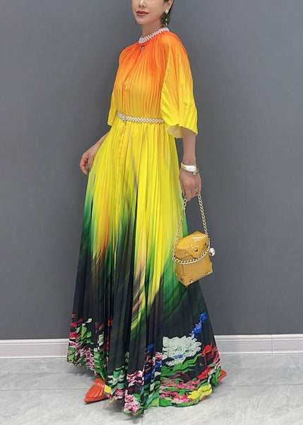 2024 Summer Fashion Orange Yellow Color Blocked Long Pleated Dress AO1020 JDML-SDL240909