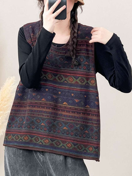 Women Autumn Artsy Colorblock Knit O-Neck Vest AH1032
