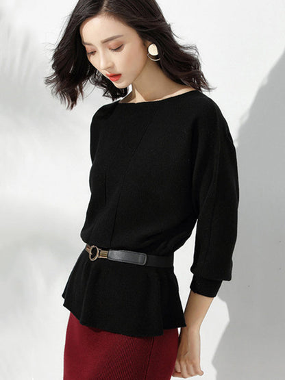 Elegant Red Boat Neck Tunic Ruffled Hem Long Sleeve Sweater AN1040 Genistyle Shop