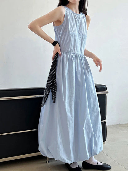 Patchwork O-neck Dress Simple Sleeveless Blue Puff Hem FashionChic