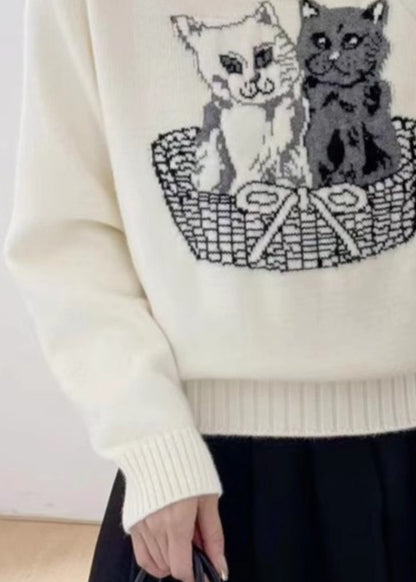 New White O Neck Animal Cozy Knit Sweaters Fall QC028 shopify