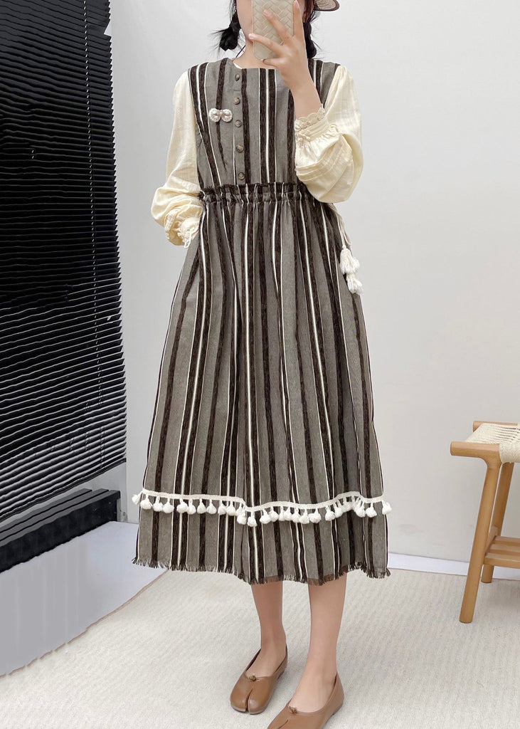 New Striped Ruffled Pockets Lace Up Cotton Dress Sleeveless NN029 shopify
