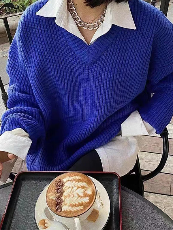 Simple Loose Klein Blue V-Neck Long Sleeve Knit Sweater AN1066 Genistyle Shop