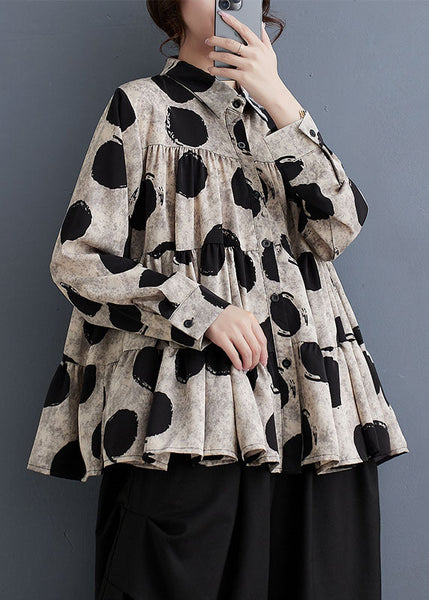 Plus Size Black Peter Pan Collar Dot Wrinkled Cotton Shirts Fall RY023 ABC