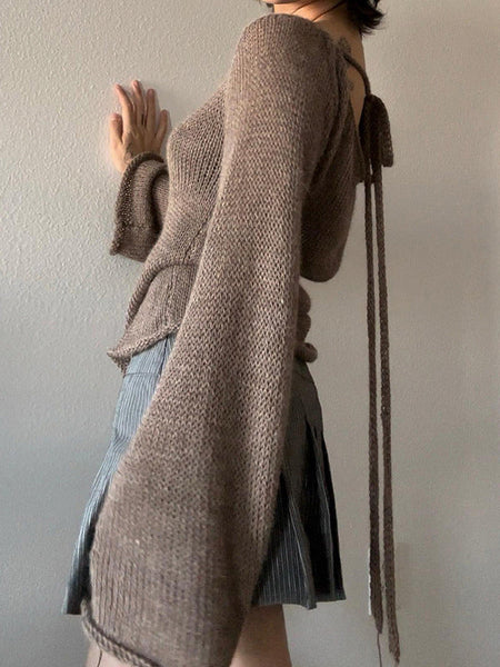 Vintage Brown Round-Neck Back Cross Hollow Lace-Up Long Bell Sleeve Sweater AN1039 Genistyle Shop