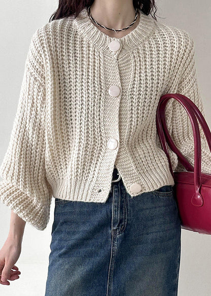 Beige Button Cotton Knit Cardigan O Neck Long Sleeve AF1035 HS-NCT240914